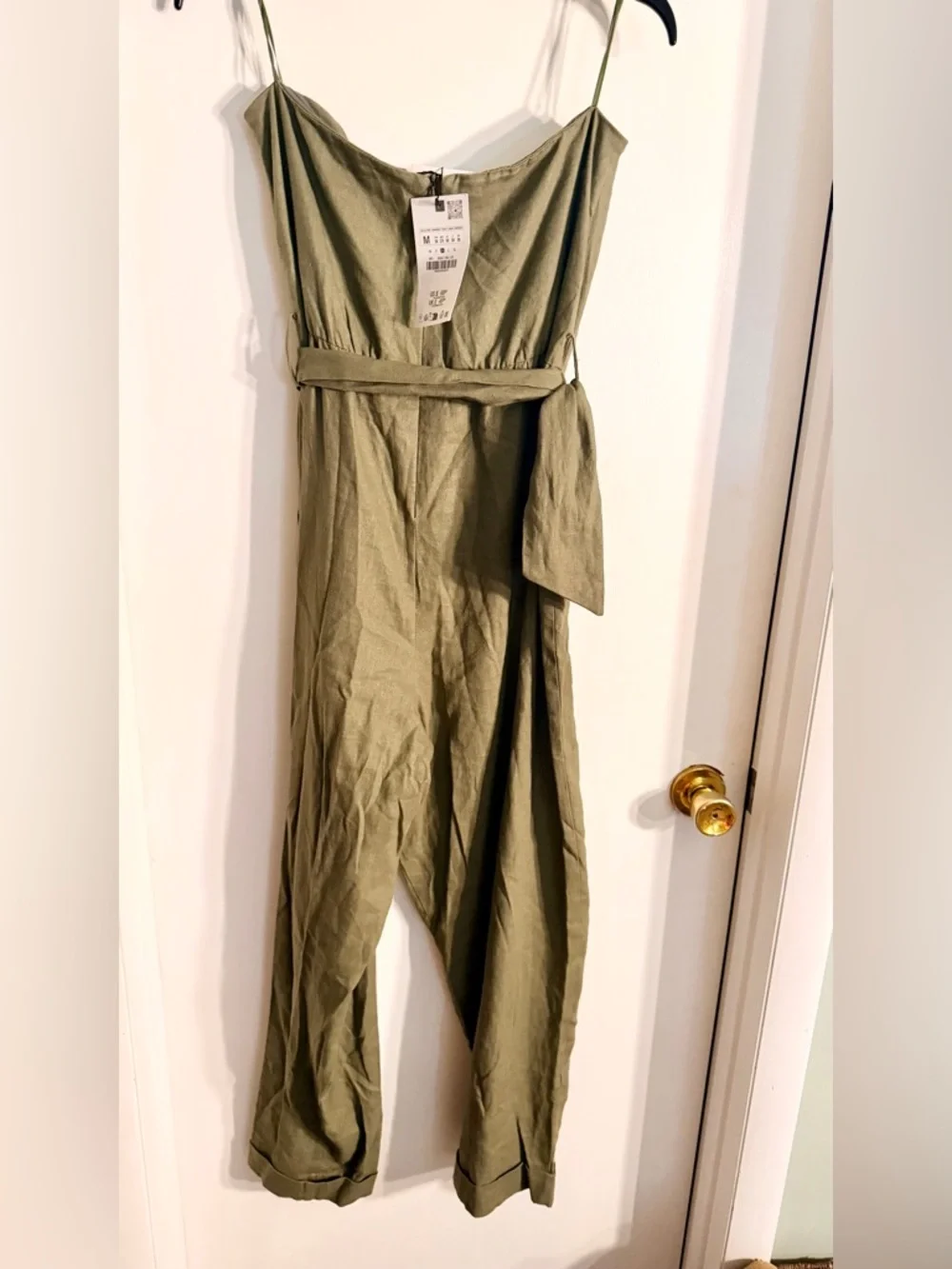 Zara Strapless Olive Green Belted Jumpsuit linen NWT - Picture 2 of 4